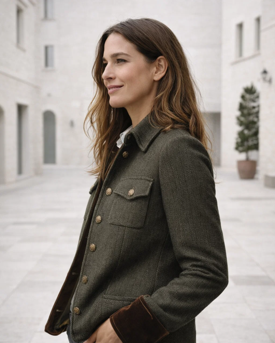 Klassische grüne Damen Tweedjacke, modern tailliert. Elegante Oberbekleidung für Business und Freizeit.