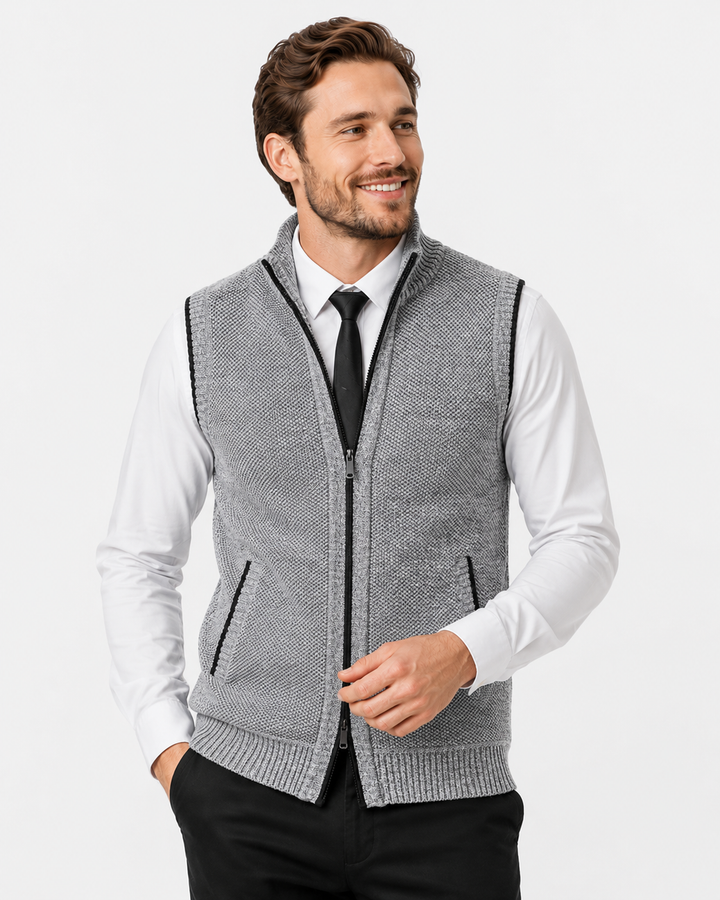 Komfortable Herren Strickweste mit Samt-Details. Warme, ärmellose Wolle-Weste für Freizeit & elegante Anlässe.