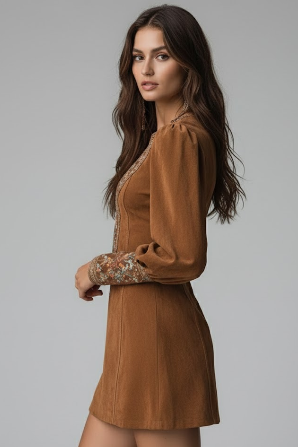 Kurzärmliges Damenkleid, braun, mit detailreicher Stickerei. Betont die feminine Passform für elegante Anlässe.