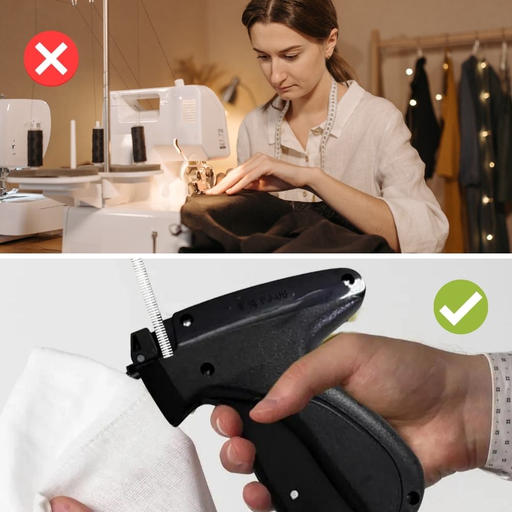 Detailansicht der tragbaren Stitchly Mini-Nähmaschine, zeigt Nadel und Stoffführung. Ergonomisches Design.
