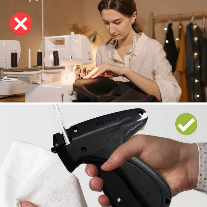 Detailansicht der tragbaren Stitchly Mini-Nähmaschine, zeigt Nadel und Stoffführung. Ergonomisches Design.
