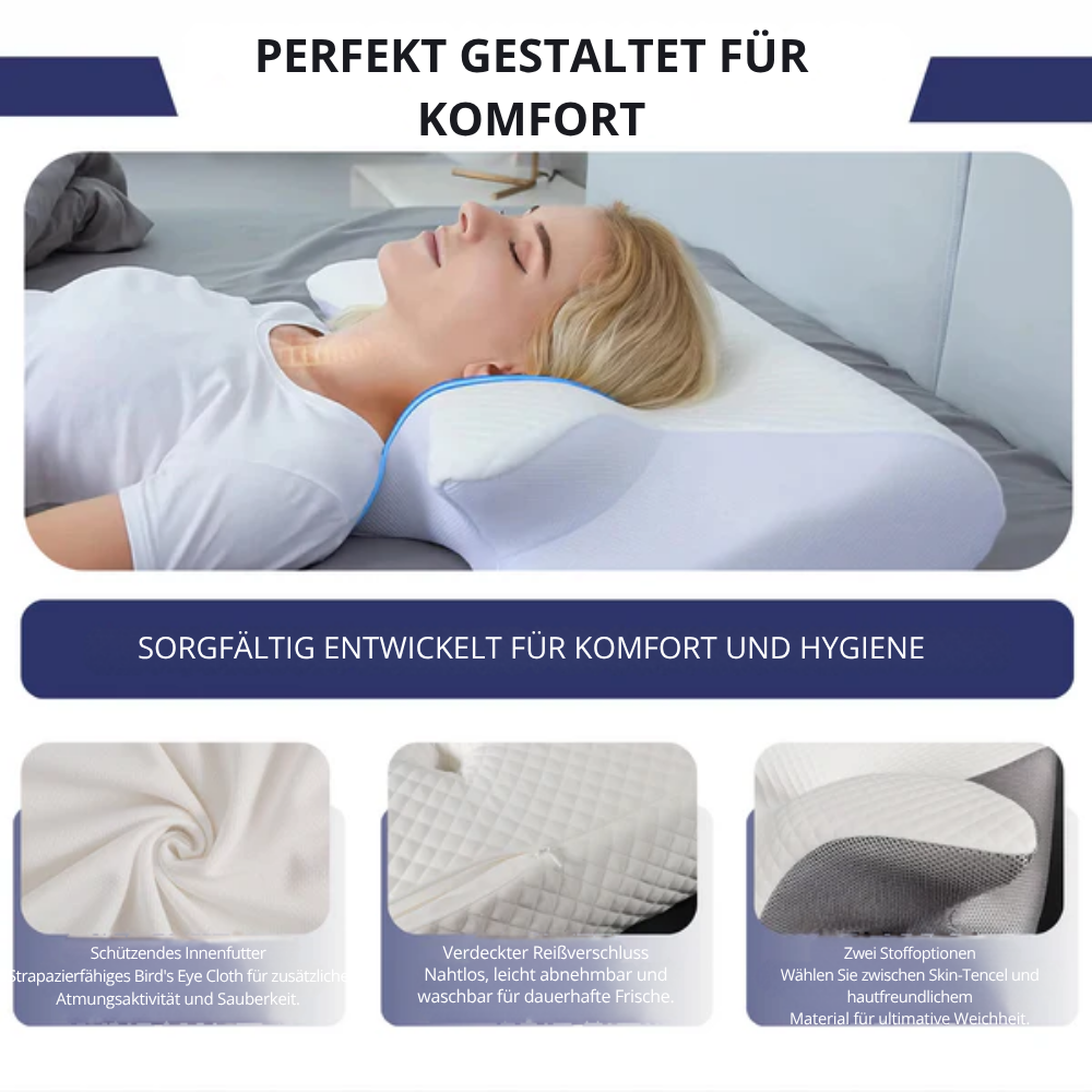Weicher, atmungsaktiver Bezug des ErgoPillow Nackenkissens: Hygienisch, abnehmbar & fördert angenehmes Schlafklima.