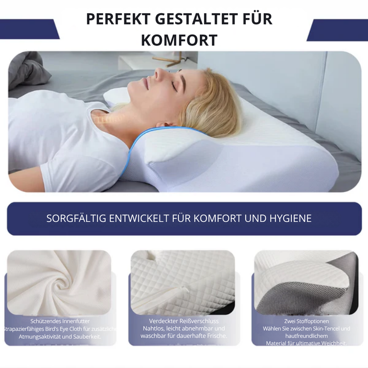 Weicher, atmungsaktiver Bezug des ErgoPillow Nackenkissens: Hygienisch, abnehmbar & fördert angenehmes Schlafklima.