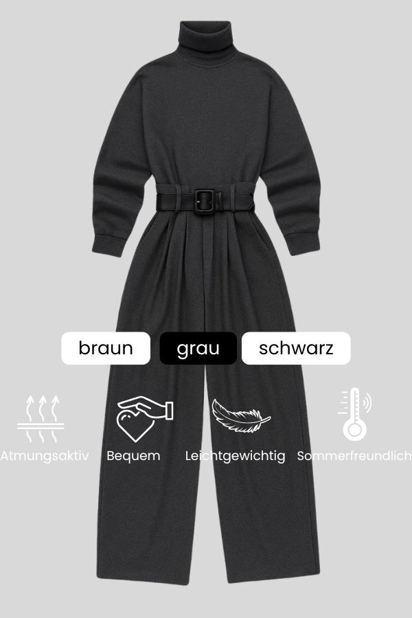 Grauer eleganter Damen Jumpsuit mit Taillengürtel, hohem Hals und weitem Bein. Ideal für Business Outfits.