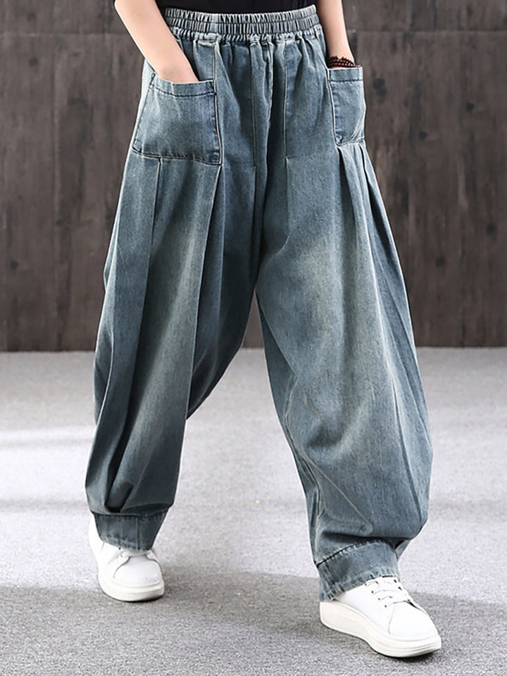 Elastischer Bund der bequemen blauen Damen Baggy Jeans Hose, perfekt für Streetwear & Casual Looks.