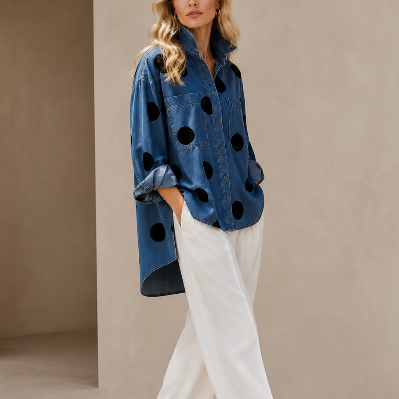 Damen Freizeithemd mit Polka Dots und lockerem Schnitt. Vielseitiges Jeanshemd für Casual-Looks das ganze Jahr.