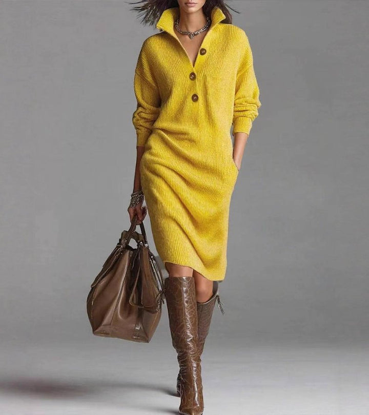 Bequemes Damen Langarmkleid mit Knopfkragen. Stilvolles Winterkleid für die Freizeit, mit Seitentaschen für optimalen Komfort.