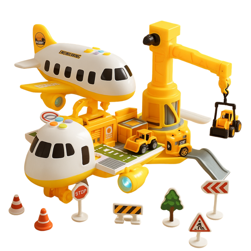 Robustes Kinderspielset mit Flug- und Fahrzeugen, ideal für Rollenspiel und fantasievolle Abenteuerfahrten.
