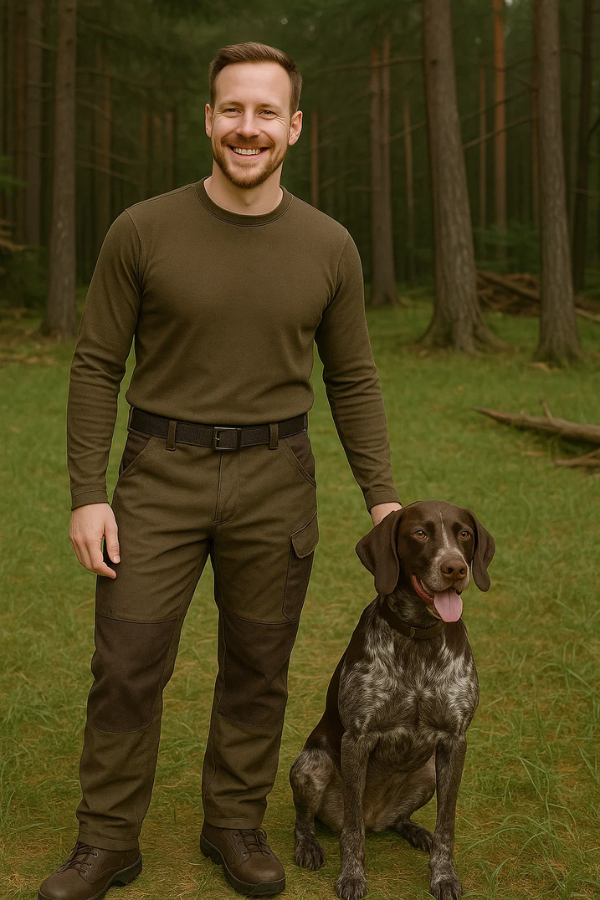 Nahaufnahme der dunkelbeigen Herren Jagdhose, zeigt das leise, atmungsaktive und wasserabweisende Material.
