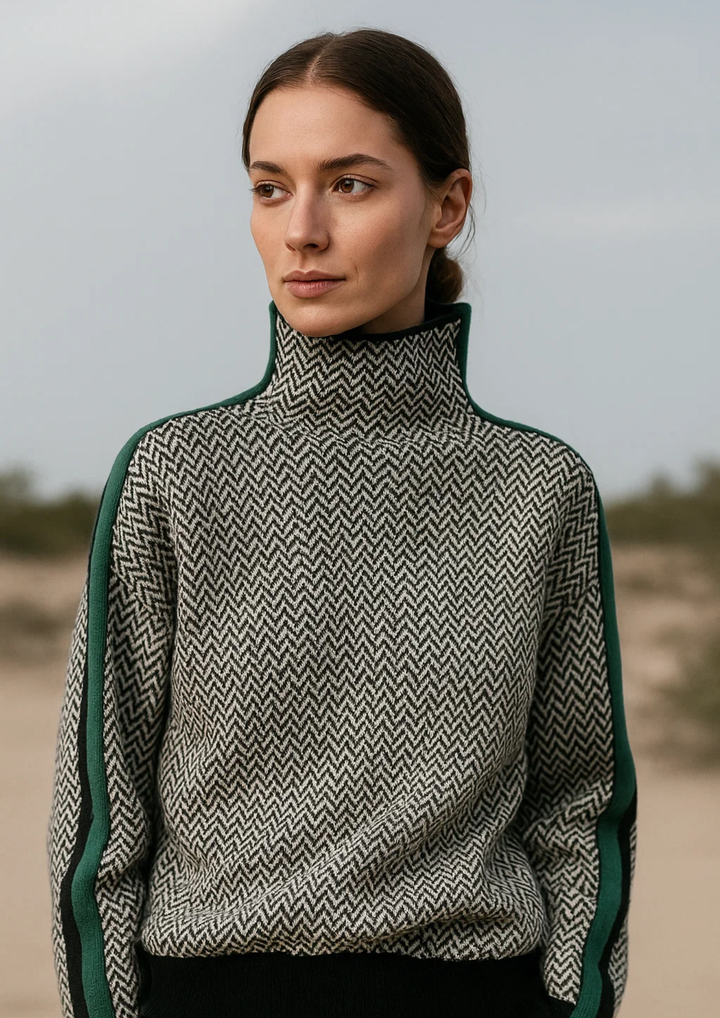 Damen Gestreifter Pullover, Langarm mit Stehkragen. Ein bequemer und moderner Freizeit-Sweatshirt.