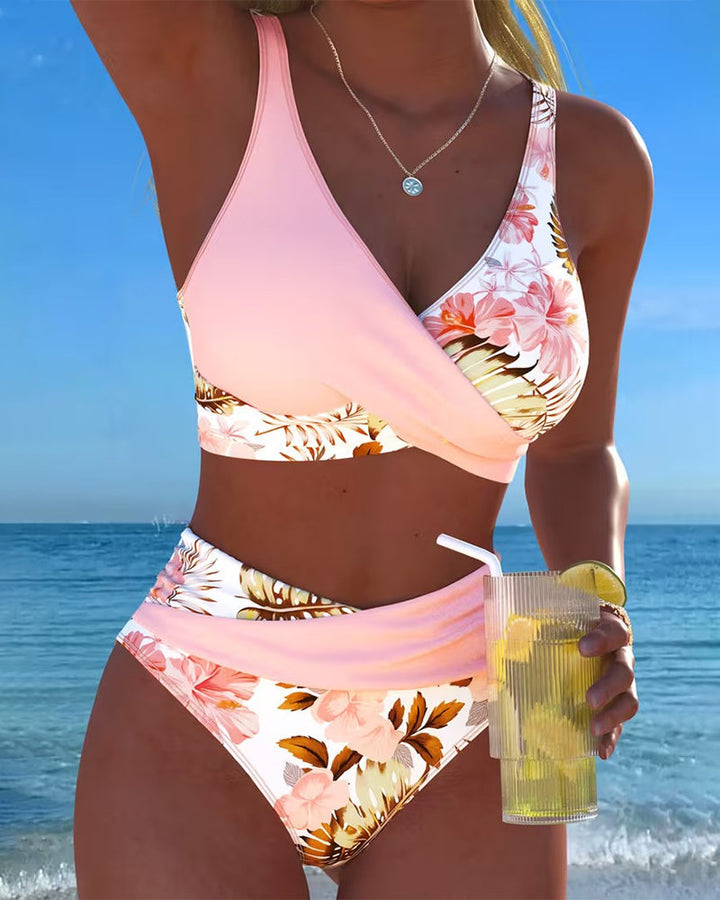 Jolina Damen Blumen Bikini Set mit V-Ausschnitt, Kontrast Split Design für Strand & Pool.