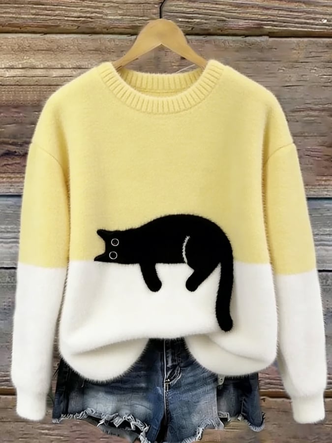 Großzügiger Damen Langarm-Pullover mit detailliertem Katzenmotiv, ein entspanntes Mode-Statement.