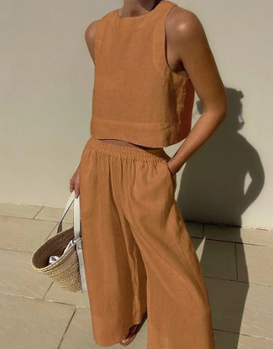 Damen Sommer Mode: Zweiteiler-Set mit ärmellosem Top und lockerer Hose. Stilvoll & bequem für jede Frau.