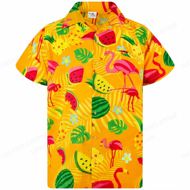 Stylisches Kurzarm Herrenhemd mit lebendigem 3D Flamingo Druck; ideales Freizeit Hemd.