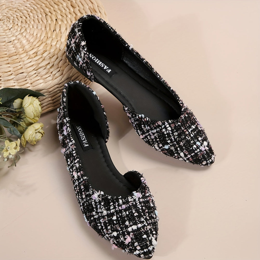 Nahaufnahme der spitzen Zehenpartie eleganter Damen Ballerinas. Stylische Flats für Alltag & Büro.