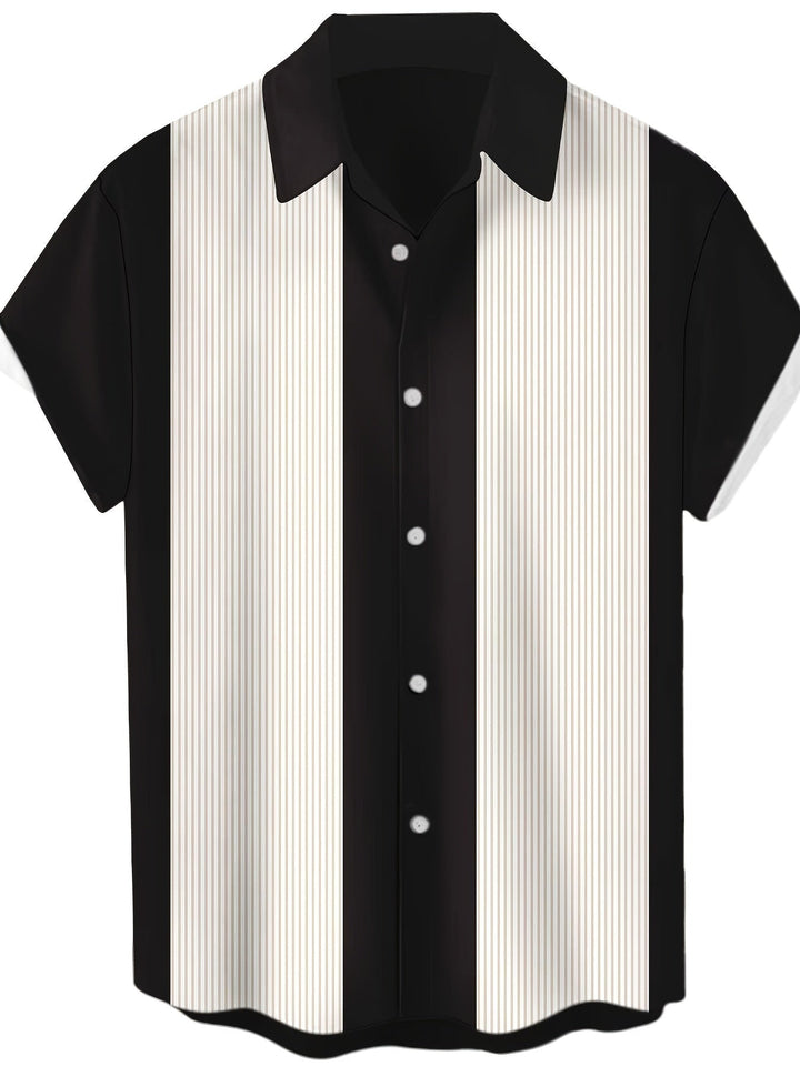 Elegantes Herren Retro-Bowlinghemd mit kurzen Ärmeln und Streifenmuster für sommerliche Freizeit.