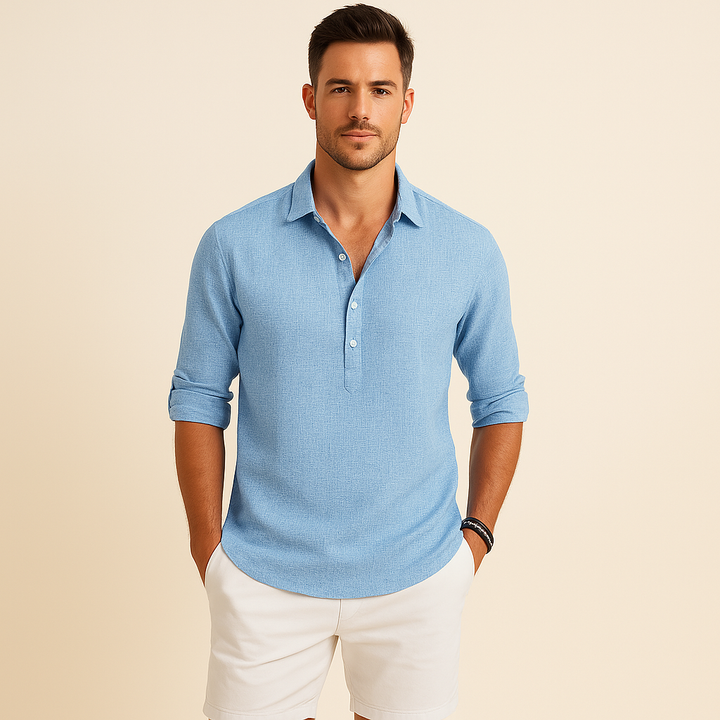 Herren Klassisches Henley Poloshirt mit langen Ärmeln, ideal für Freizeit & Business Casual.