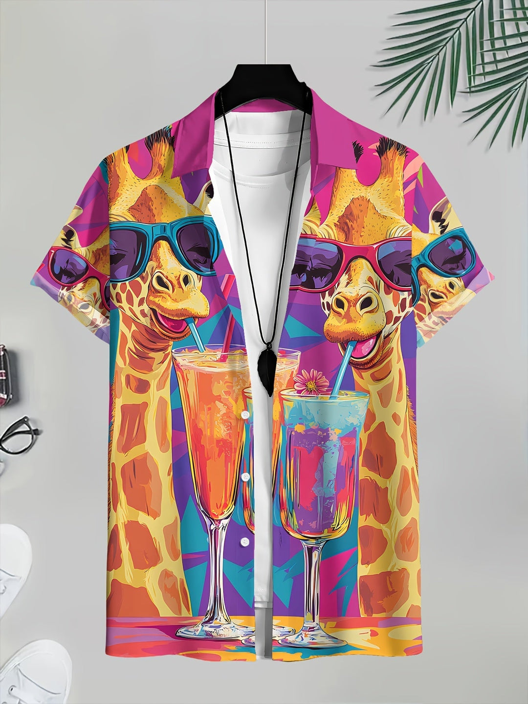 Lässiges Herren Sommer-Hemd, kurzärmlig, mit einzigartigem Giraffen- & Cocktail-Print für Urlaub & Freizeit.