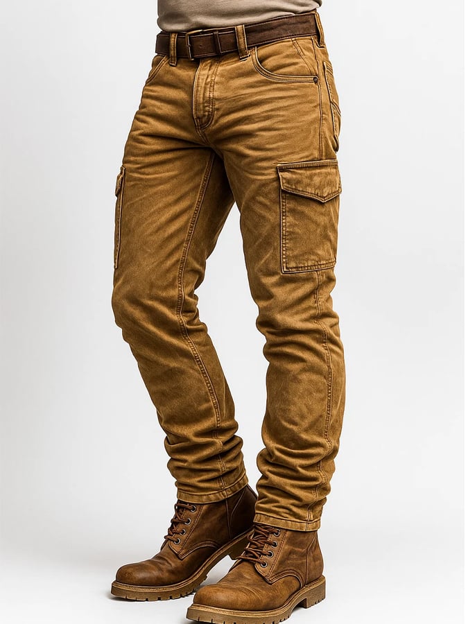 Modell trägt bequeme, braune Herren Vintage Outdoorhose in Grossgröße. Ideal als robuste Reise- & Freizeithose.