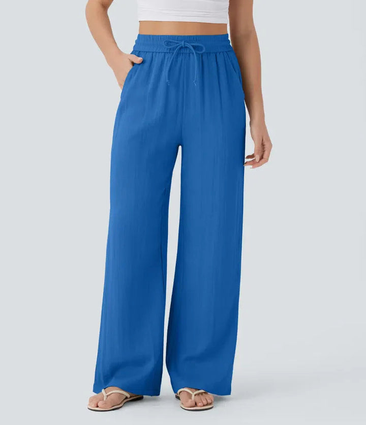 Freizeithose Damen: weites Bein, Kordelzug. Elegante Sommerhose für Urlaub & Alltag. Sehr bequem.
