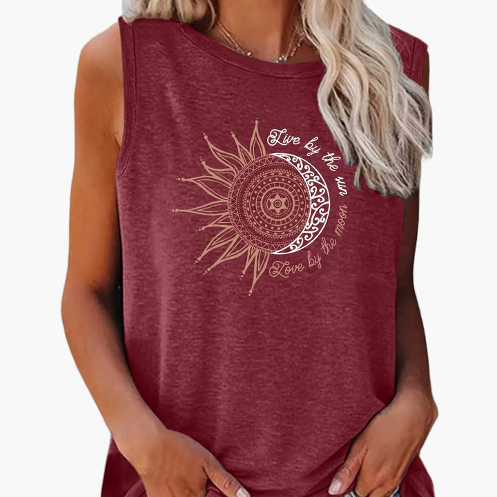 Leichtes Damen Sommer Top: Ärmelloses Tanktop mit spirituellem Sonne-Mond Mandala Muster.