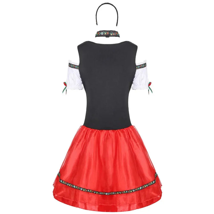 Elegantes traditionelles rotes Dirndl mit schulterfreien Ärmeln und Mieder-Schnürung, festliche Trachtenmode.