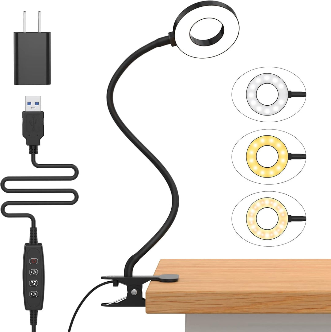 Augenschonende LED Leselampe, klemmbar, mit Schwanenhals. 3 Farbmodi, dimmbar, für langes Lesen.