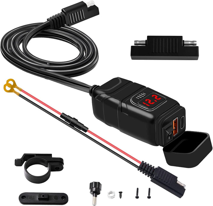 Drayvik Motorrad Dual-Schnellladegerät mit USB-C, USB-A & Voltmeter für 12V/24V Fahrzeuge.