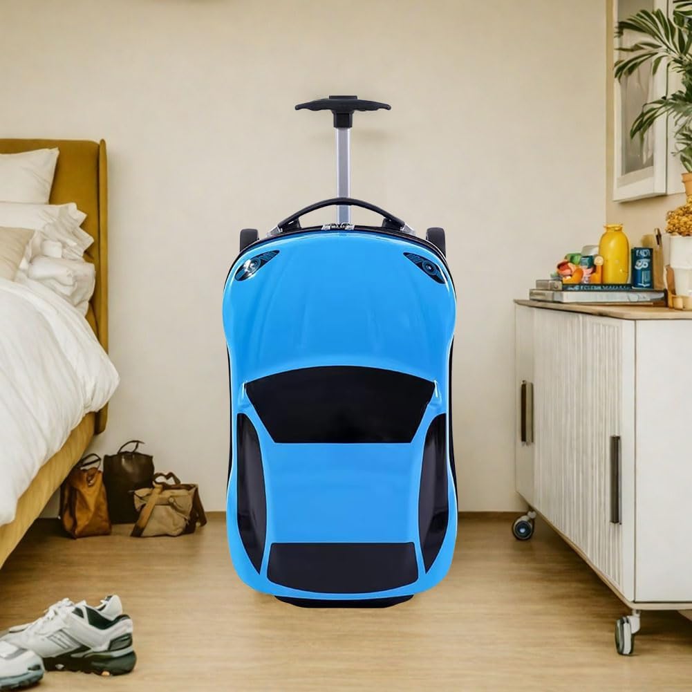 Blauer und roter Kinder-Reisekoffer (45 cm) mit Autodesign und leichtgängigem Rollensystem.