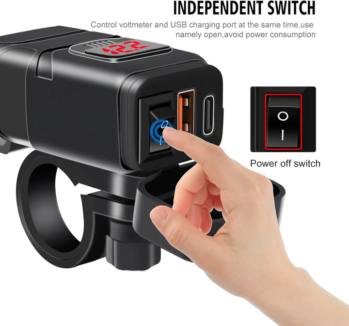 Kompaktes Motorrad Doppel-Schnellladegerät mit USB-C, USB-A und Voltmeter-Funktion für Geräte.