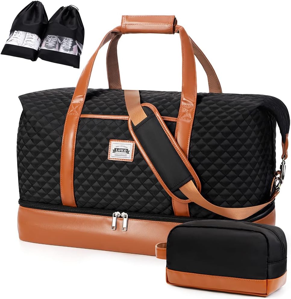 Schwarze 50L wasserdichte Reisetasche mit praktischem Schuhfach und Kulturbeutel für Damen & Herren.