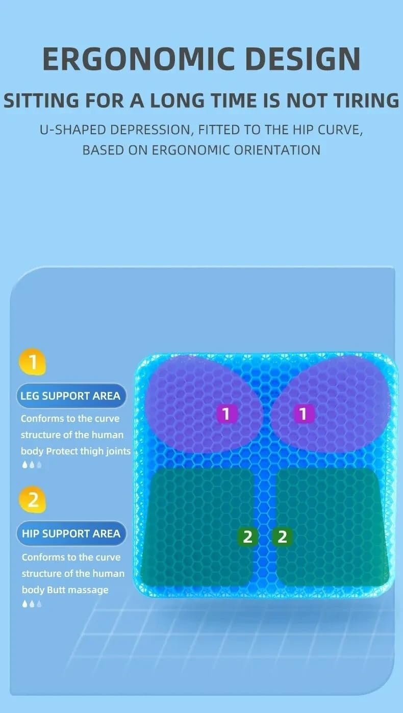Orthopädisches Gel-Sitzkissen mit Kühlung, ideal für Büro, Auto & Rollstuhl. Entlastet Steißbein & Rücken.
