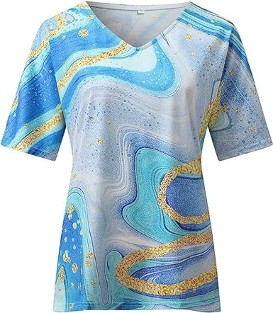 Trendiges Damen Kurzarmshirt mit einzigartigem Marmormuster, bequemer V-Ausschnitt.
