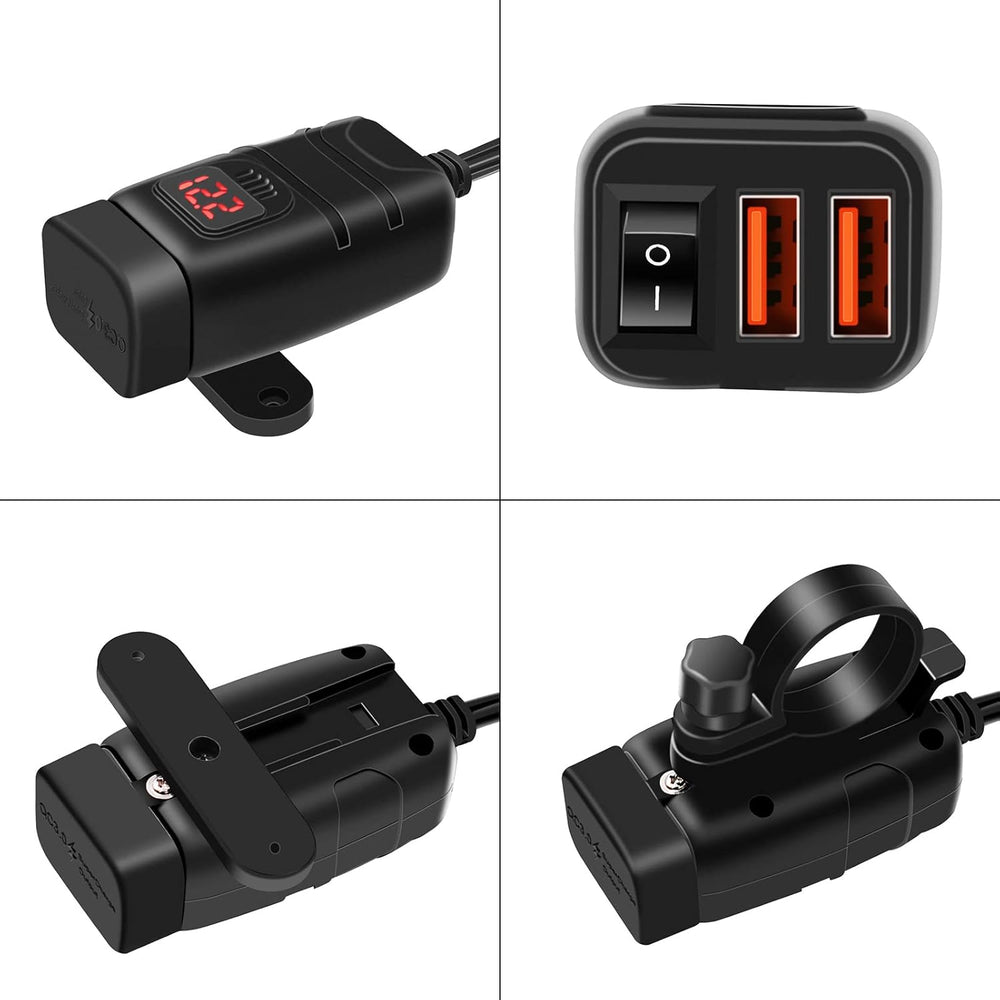 Robustes Motorrad Schnellladegerät mit USB-C, USB-A Anschlüssen und integriertem Voltmeter.