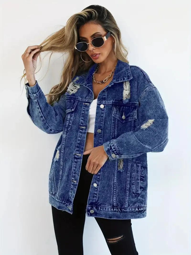 Warme, wasserfeste Damen Jeansjacke mit Kapuze im Oversized-Stil, gefüttert für kalte Tage.