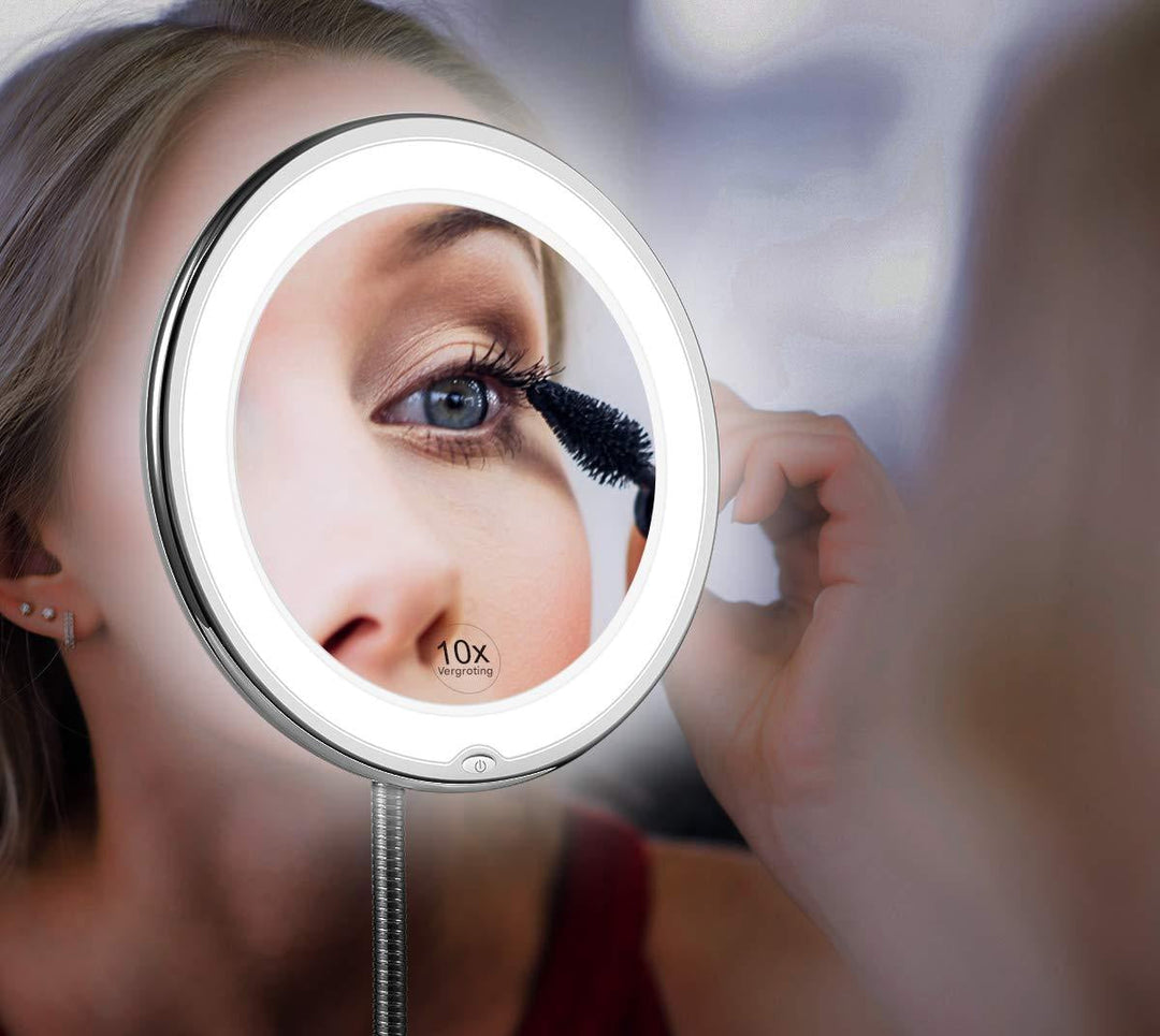 LED Kosmetikspiegel Claravue mit 10X Vergrößerung, flexiblem Schwanenhals und hellem Tageslicht für Make-up.