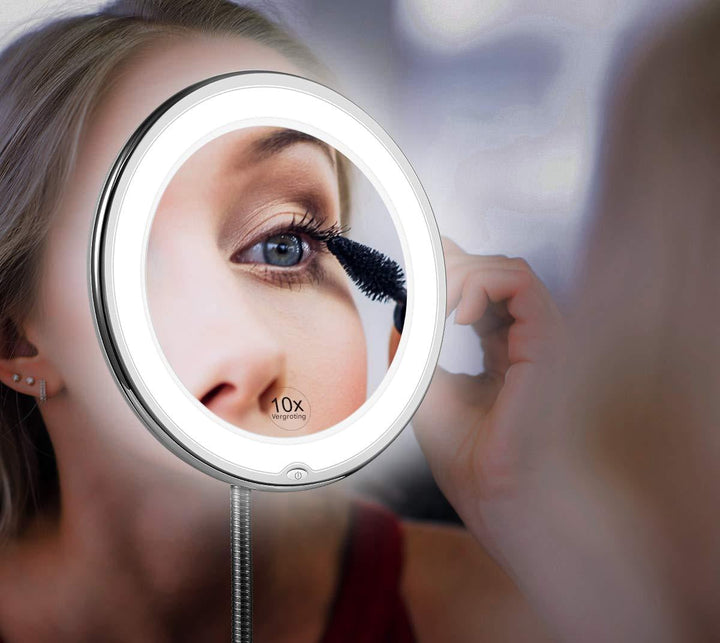 LED Kosmetikspiegel Claravue mit 10X Vergrößerung, flexiblem Schwanenhals und hellem Tageslicht für Make-up.