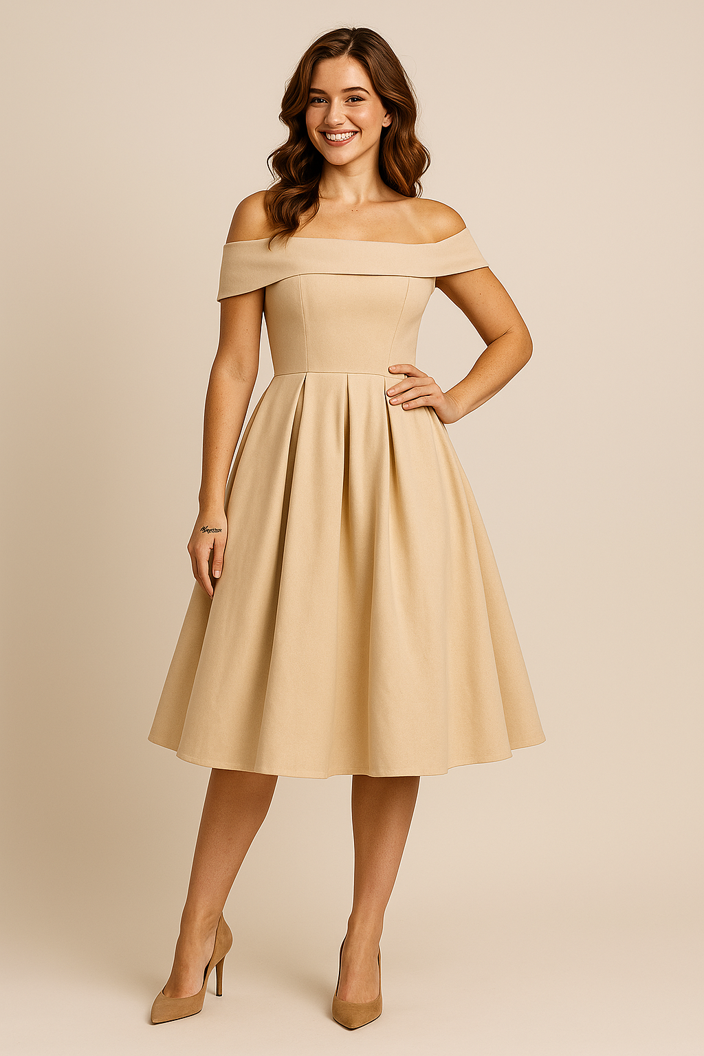 Verführerisches schulterfreies Damen A-Linien Kleid, mit lockerem, schwingendem Rock. Ideal für Sommerpartys.