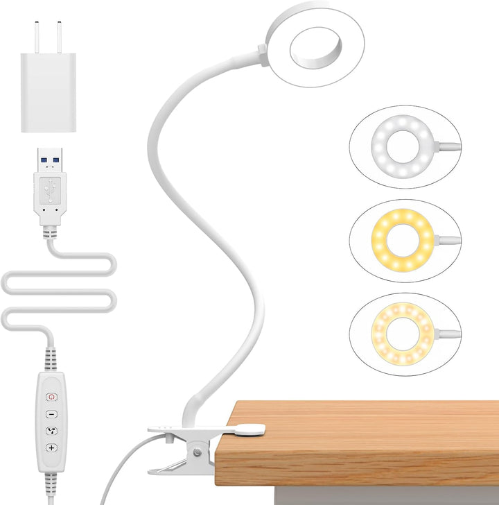 Moderne LED Leselampe mit Schwanenhals & Klemme. USB-powered, 3 Farbmodi, für entspanntes Lesen.