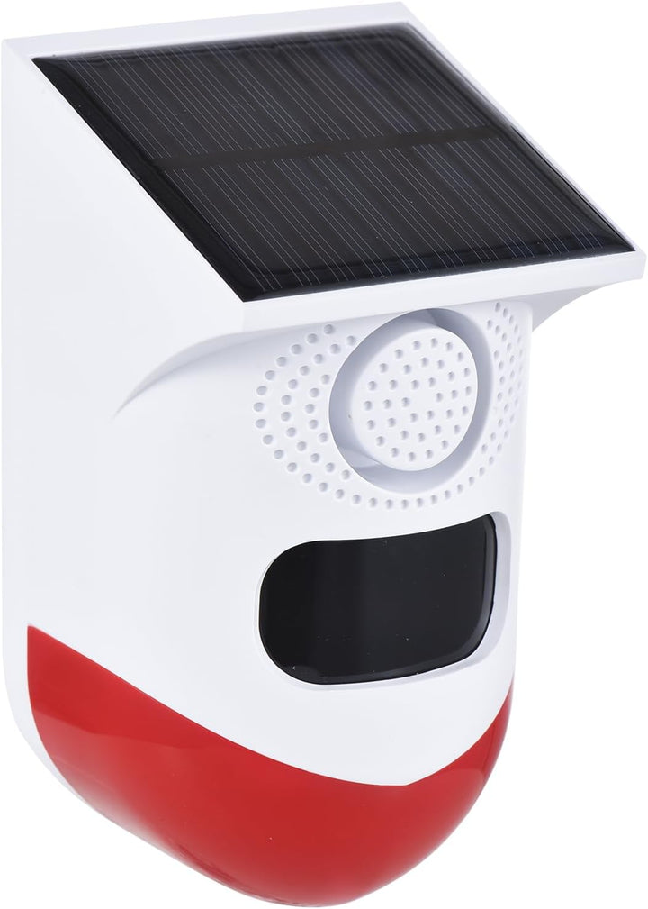 Solar Bewegungsmelder-Alarm mit 120dB Sirene & LED-Stroboskop für Außensicherheit.