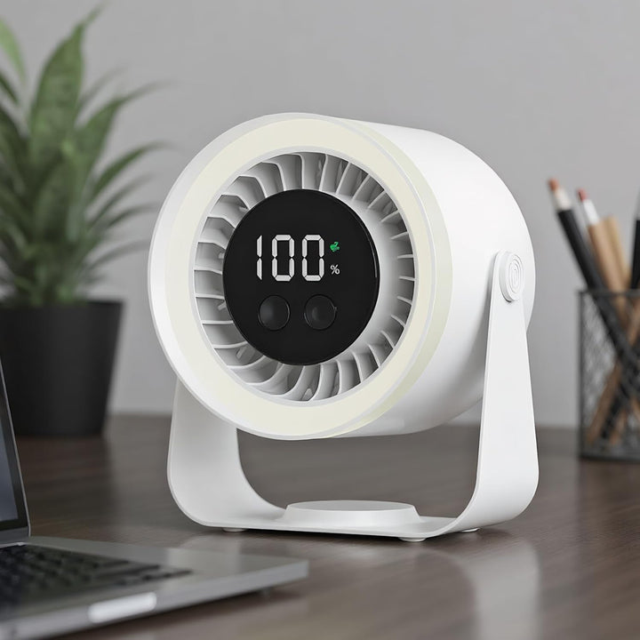 Tragbarer Akku-Ventilator Auralis in Rosa, geräuscharm für Büro & Heim.