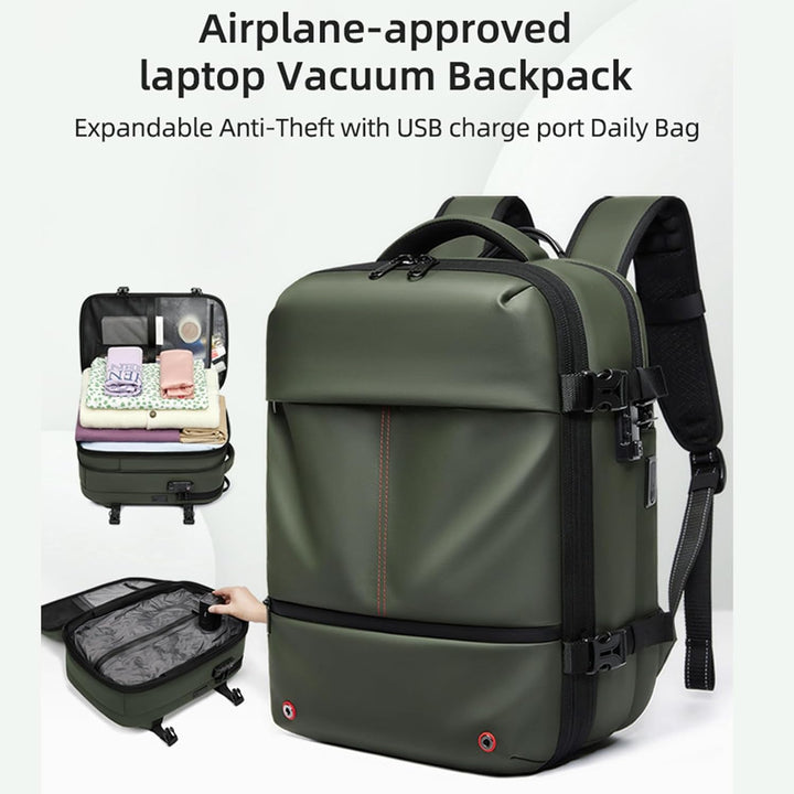 Person trägt erweiterten Arvid Reiserucksack; ideal für Städtetrips & Outdoor-Abenteuer. Unisex Reisegepäck.
