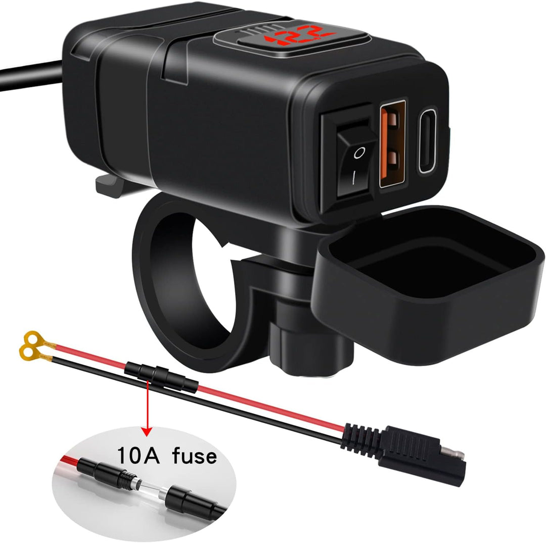 Motorrad USB-C & USB-A Ladegerät für unterwegs, inklusive Voltmeter zur Batteriekontrolle.