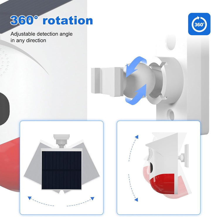 Robustes IP65 Solar Bewegungsmelder-Alarmsystem mit 120dB Sirene & LED-Blitz für den Außenbereich.