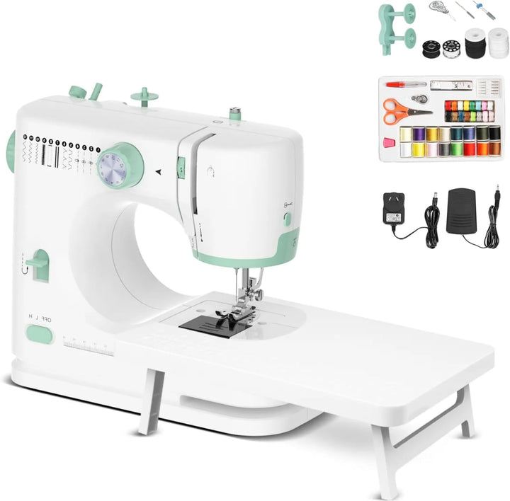 Tragbare Nähmaschine mit 12 Stichen & Erweiterungstisch für DIY-Projekte, ideal für Anfänger.