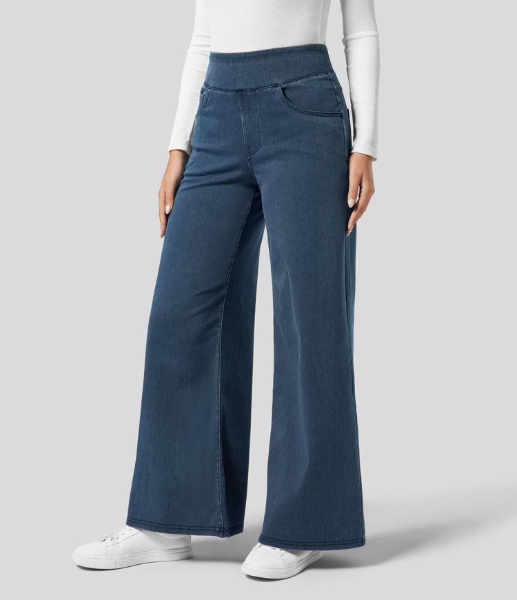 Vielseitige dunkelblaue Damen High-Waist Jeans, elegant für Büro oder entspannte Freizeit-Looks.