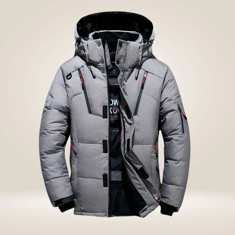Graue Herren Warme Winterjacke für Extremwetter. Winddicht, wasserabweisend, Kälteschutz Outdoorjacke.