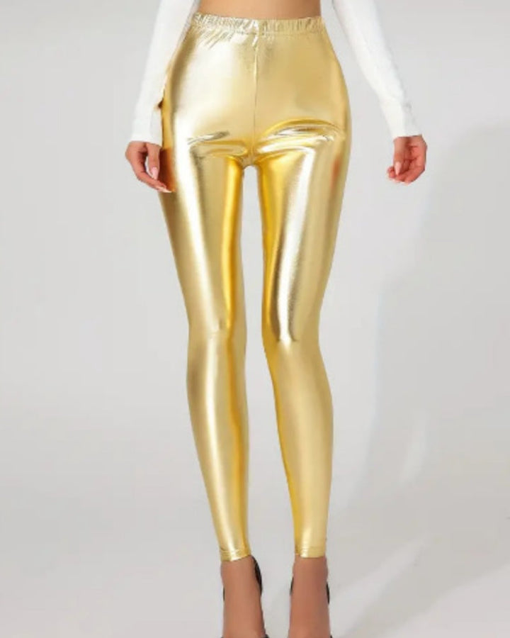 Elegante schwarze Leggings für Damen, glänzend, mit hoher Taille, für Abend & Party.