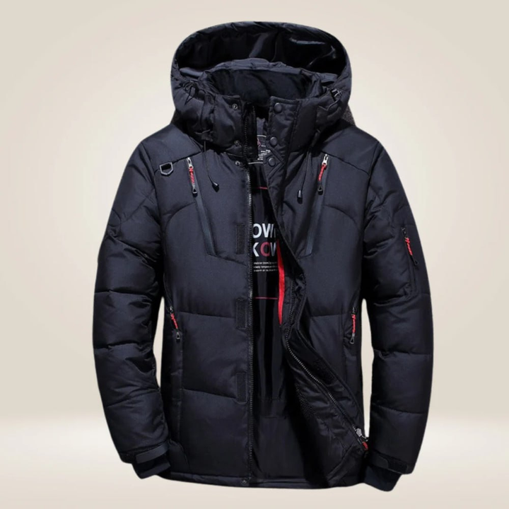 Orange Herren Winterjacke, warm & winddicht. Wasserabweisende Outdoorjacke für Kälteschutz bei Extremwetter.
