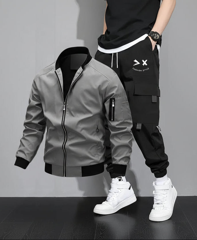 Herren Streetwear Set mit lässiger Bomberjacke & bequemer Cargo Jogginghose für urbanen Streetstyle. Ideal für Frühling/Herbst.